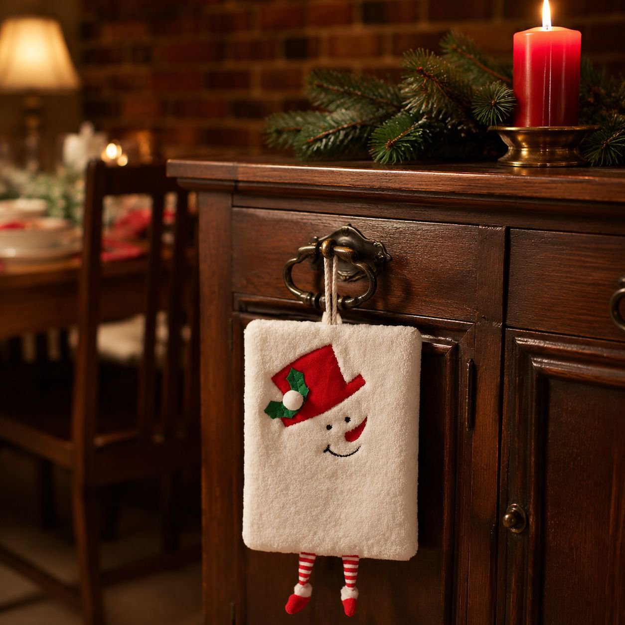 Christmas absorbent hand towel in festive setting