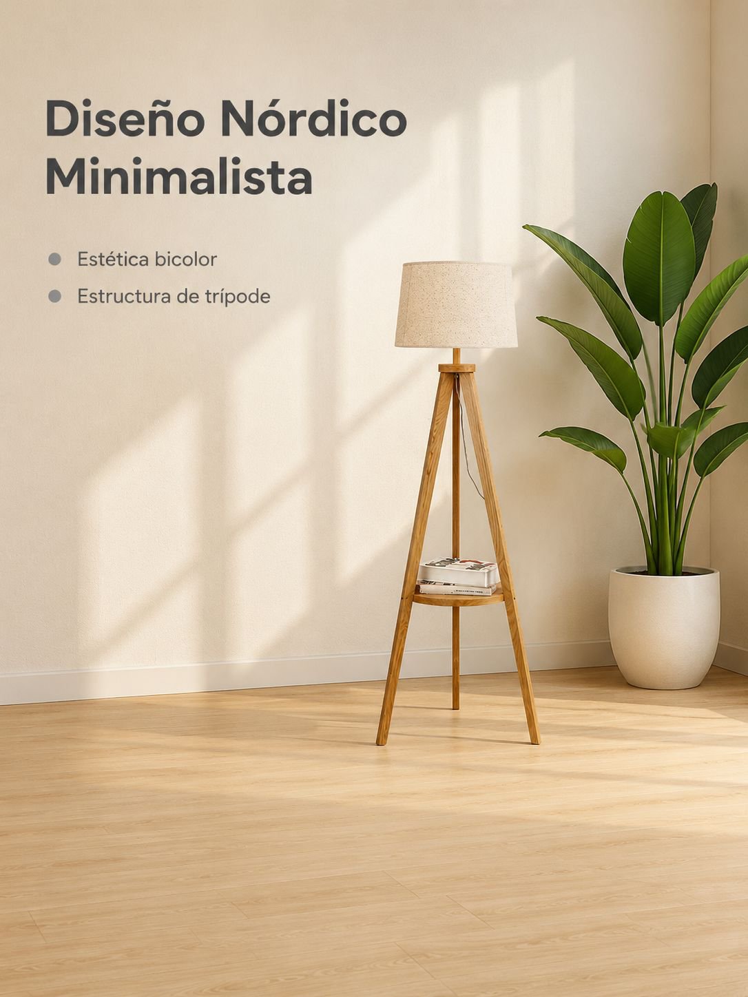 Lámpara de pie de salón con trípode de madera maciza