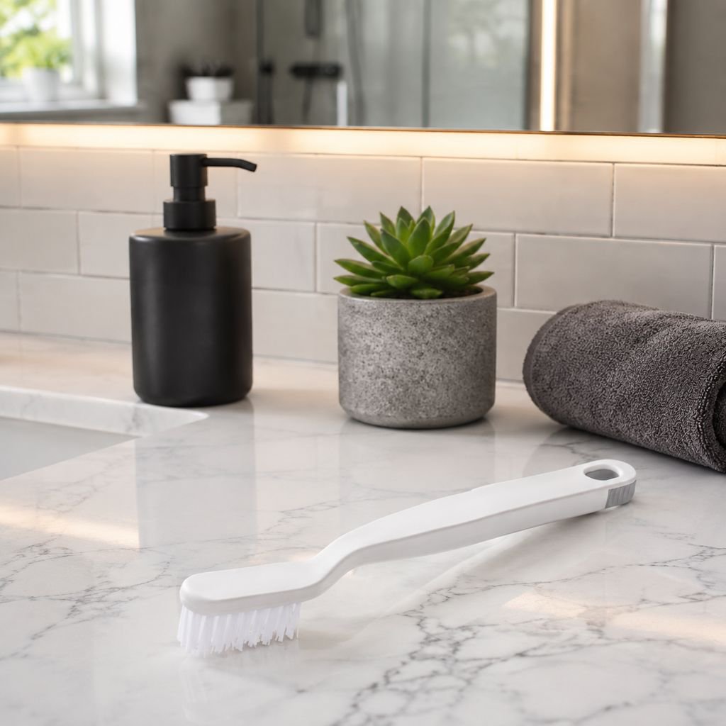 Compact cleaning brush for bathroom corners