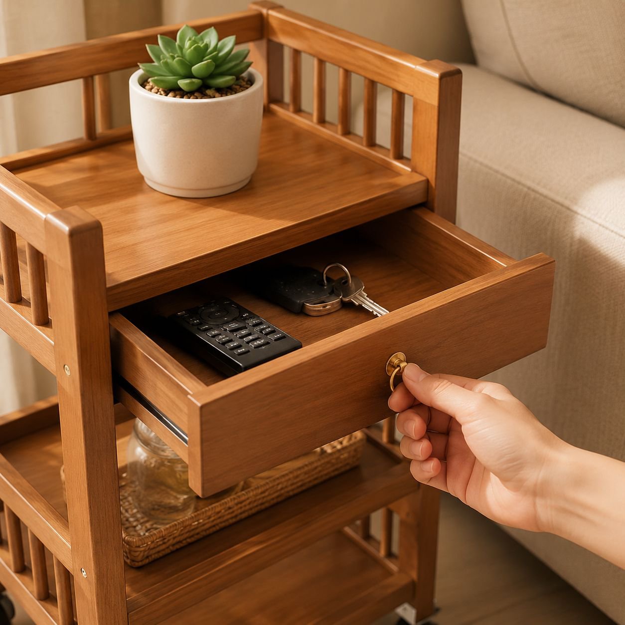 Household movable storage rack trolley living room simple sofa side table snack rack solid wood tea 