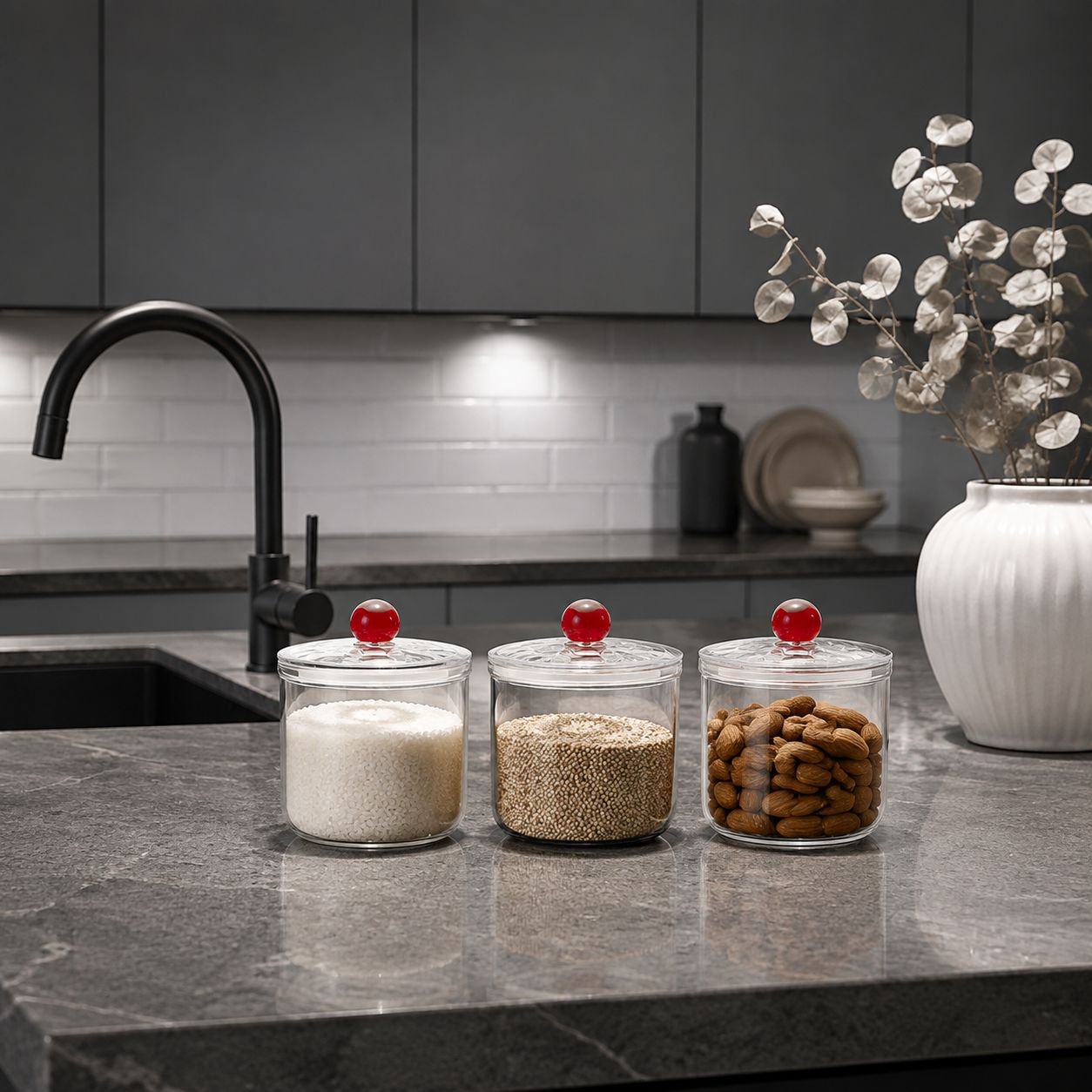Set of food storage jars with different dried foods