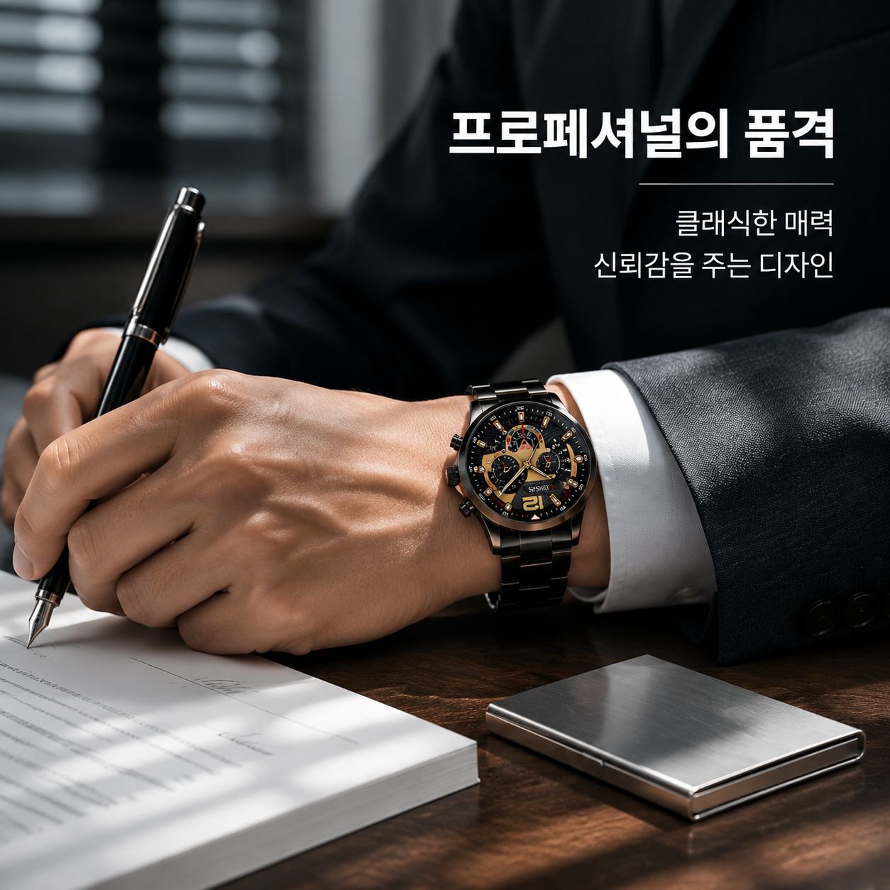 남성용 원형 다이얼, 야광 바늘, 스틸 스트랩, 쿼츠 시계