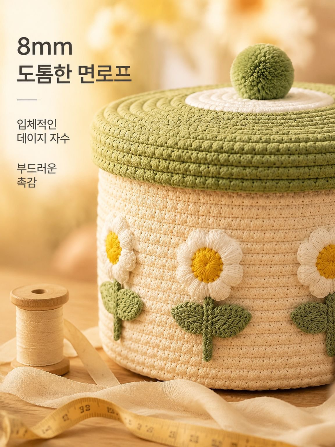 뚜껑이 있는 면사 짜임 수납 바구니