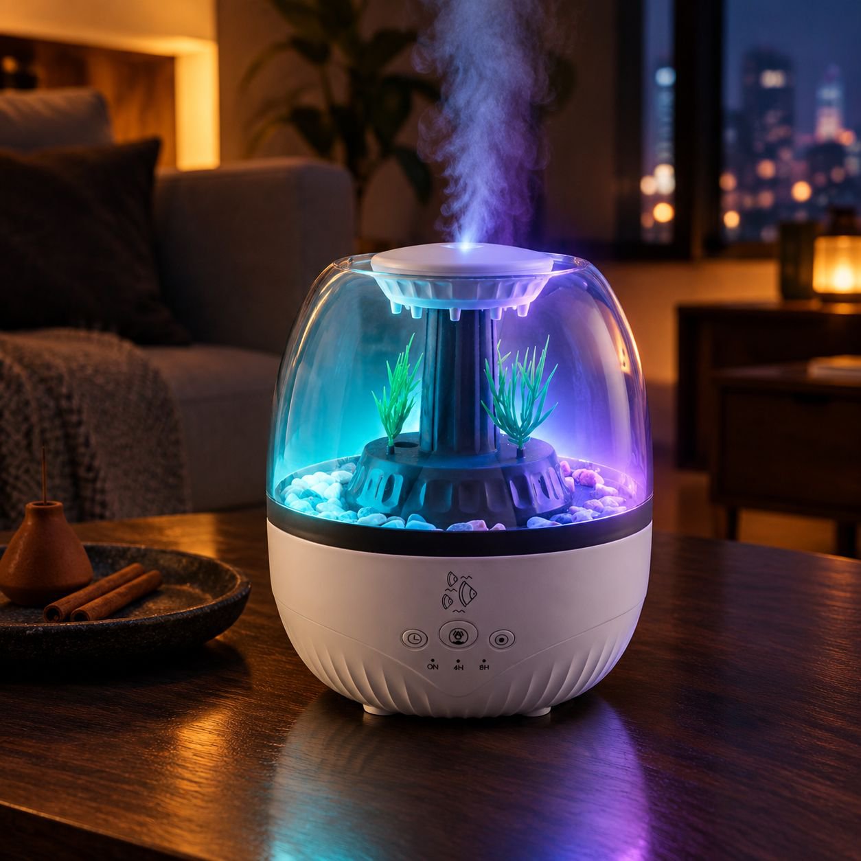 水景風アロマ加湿器、超静音設計、7色LEDライト、タイマー機能付き、快適なデスク空間を演出