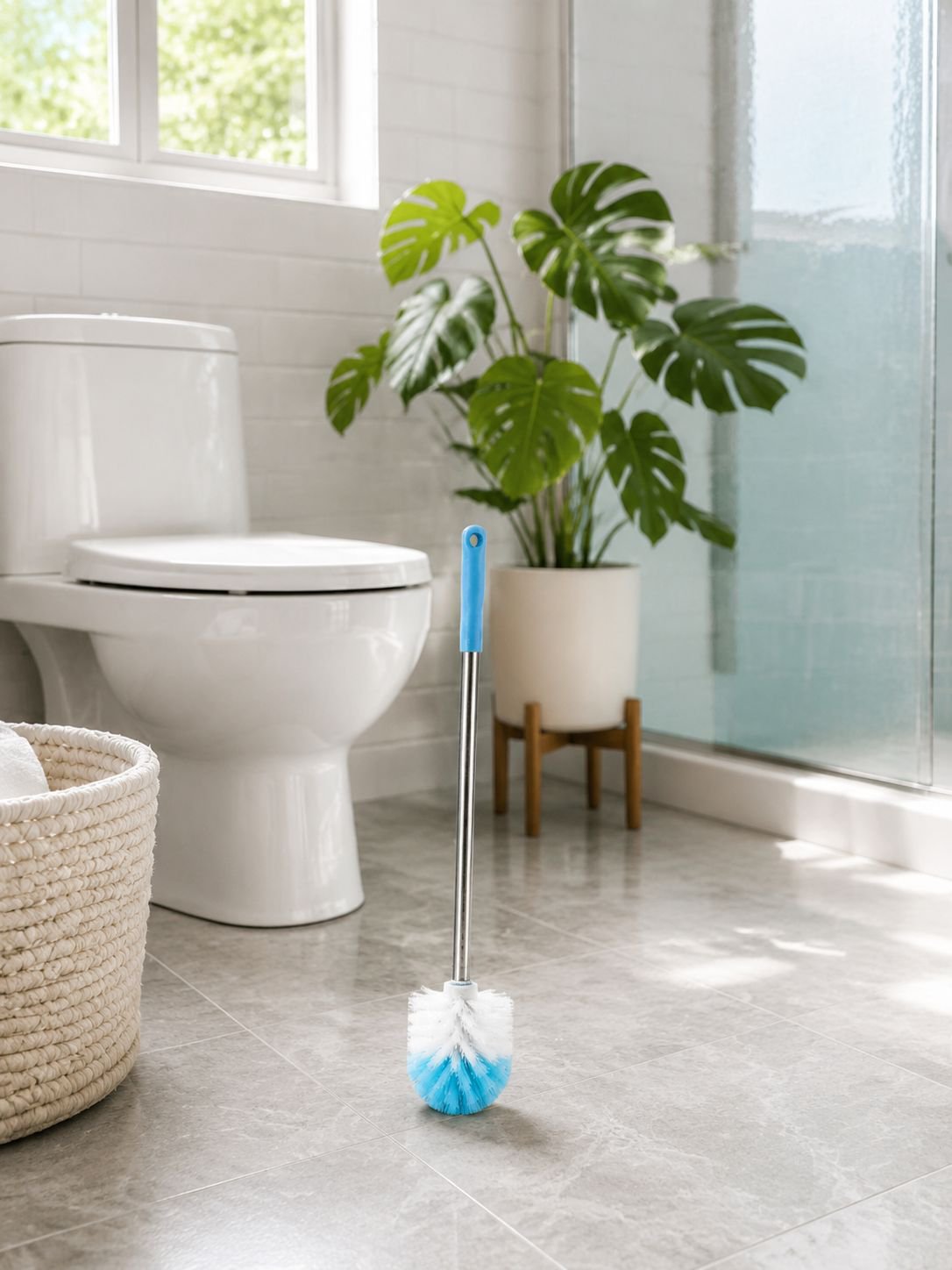 Stainless steel long handle toilet brush in modern bathroom