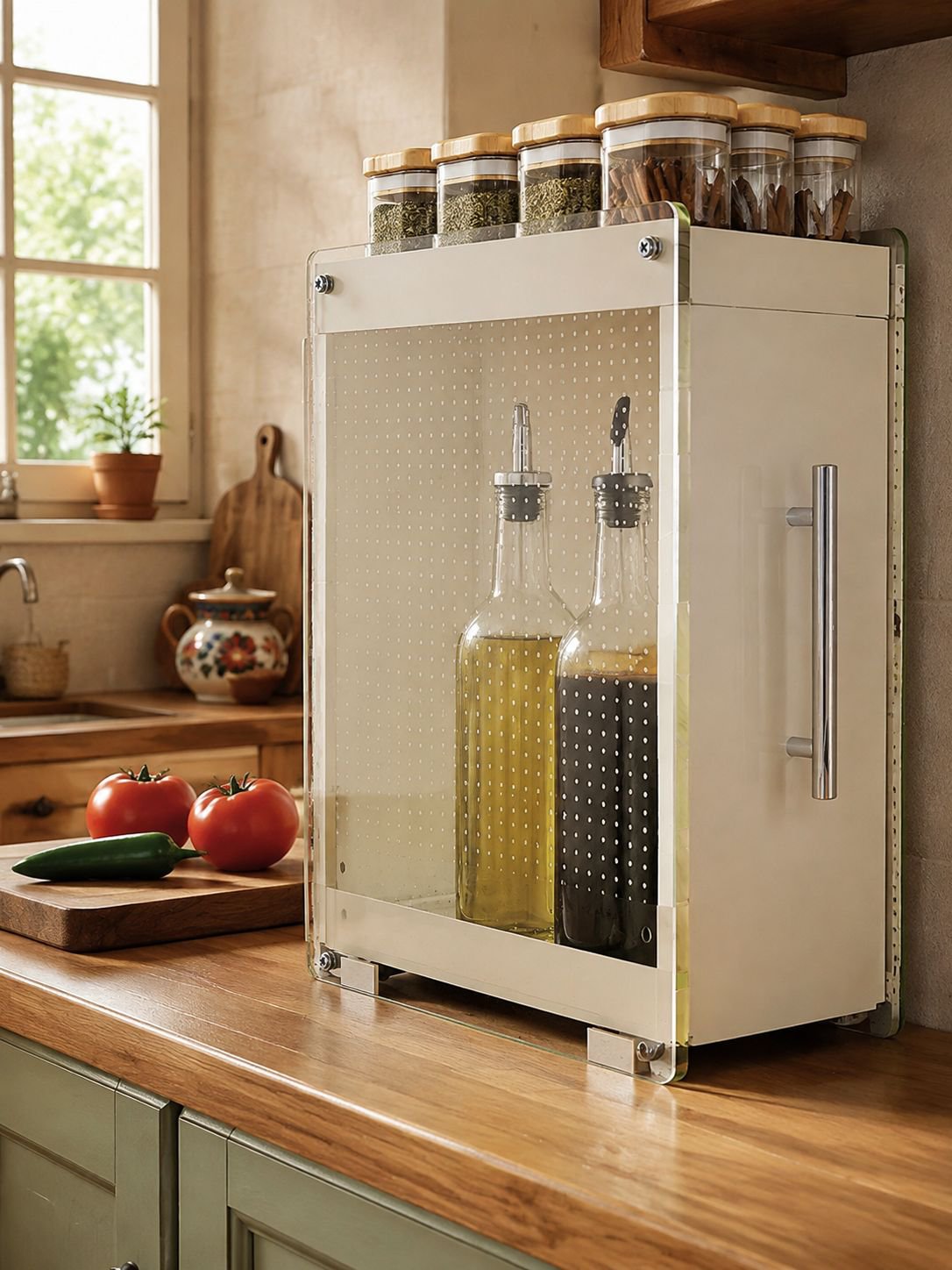 Estante de especias extraíble instalado en gabinete de cocina