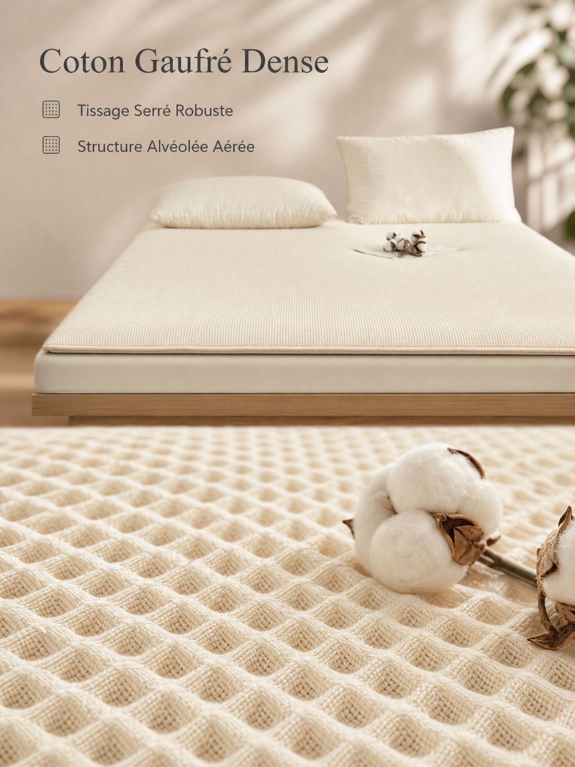 Vue détaillée des coutures matelassées du surmatelas futon