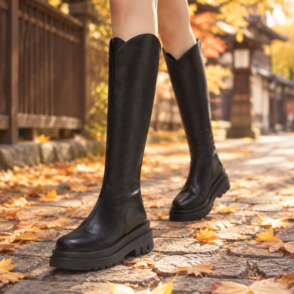 おしゃれなバックジッパー付き厚底ハイブーツ