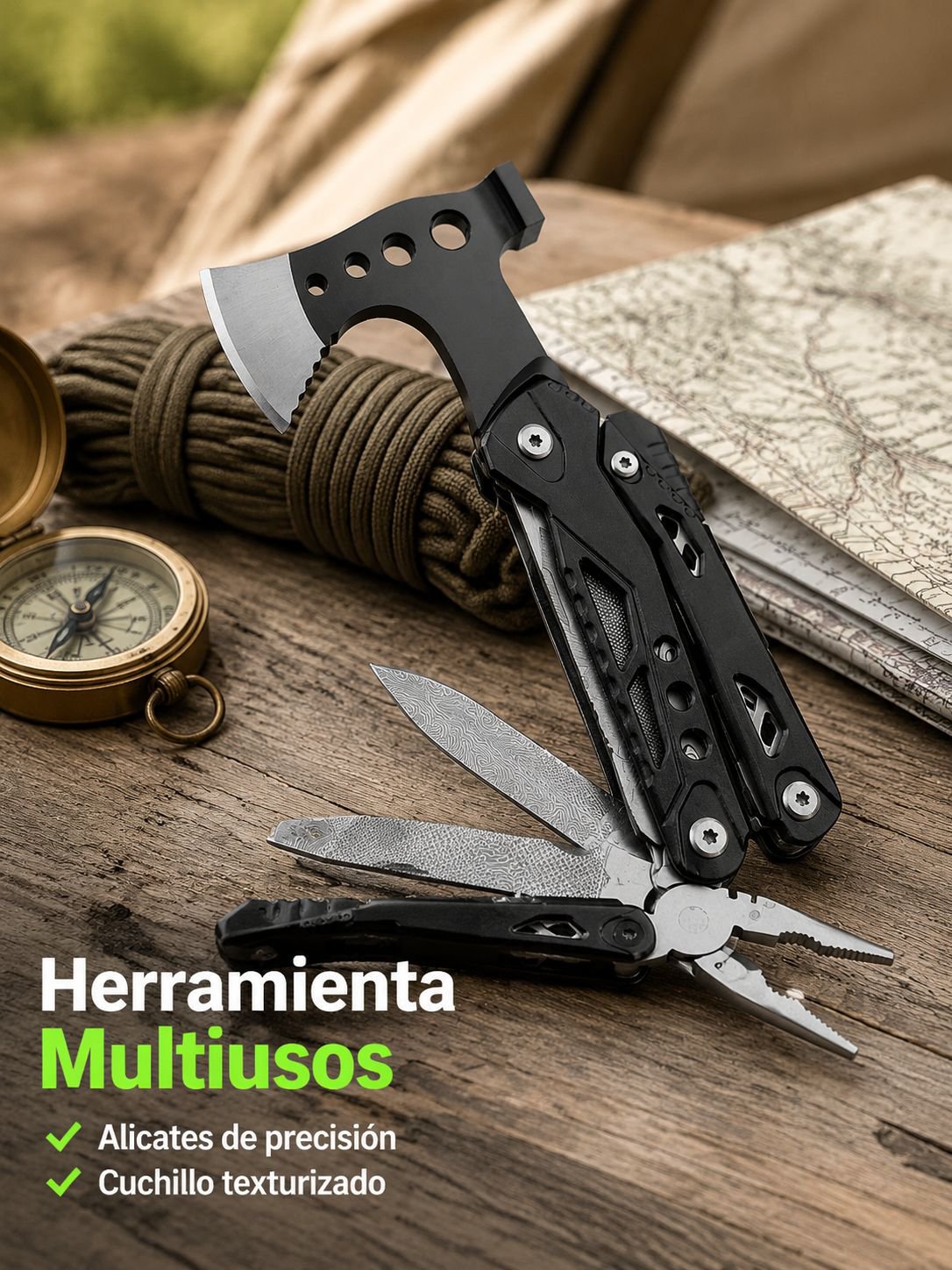 Hacha y martillo plegables para exteriores
