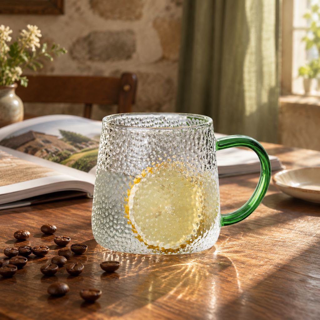 Tasse en Verre Borosilicate Martelé avec Anse Grande Capacité