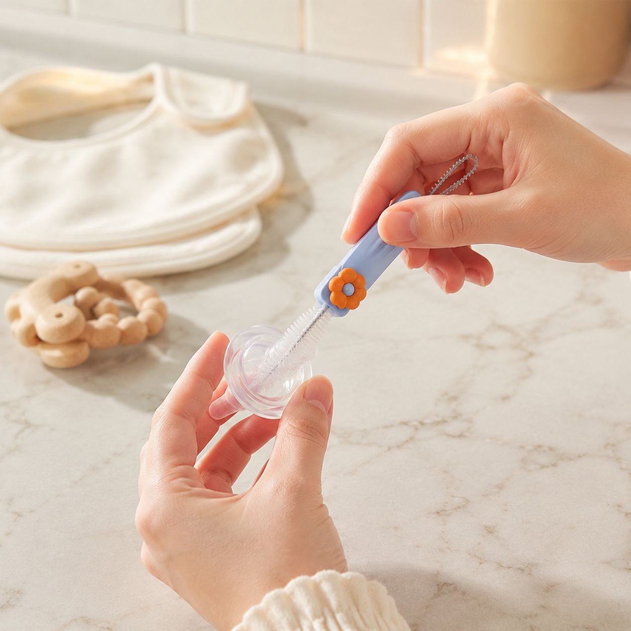 Gentle bristle brush for cleaning baby bottle lids