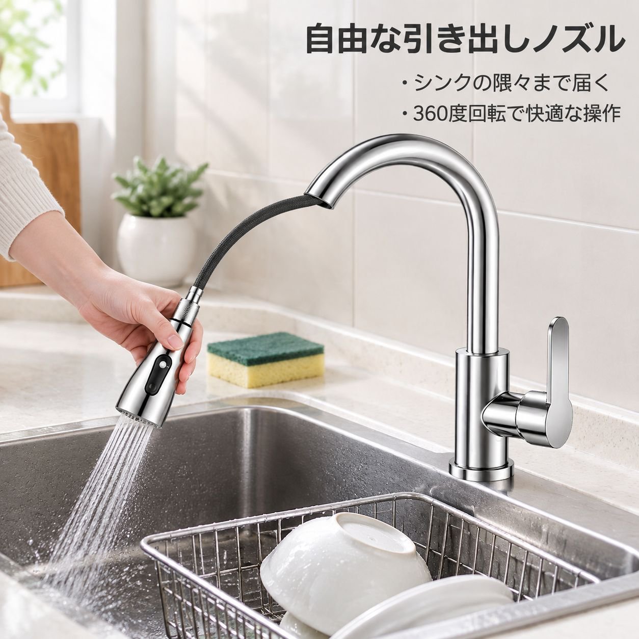 キッチン用引き出し式水栓、温水・冷水兼用、飛沫防止機能付き
