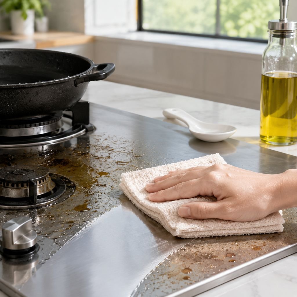 Loofah dishcloth scrubbing a pot gently
