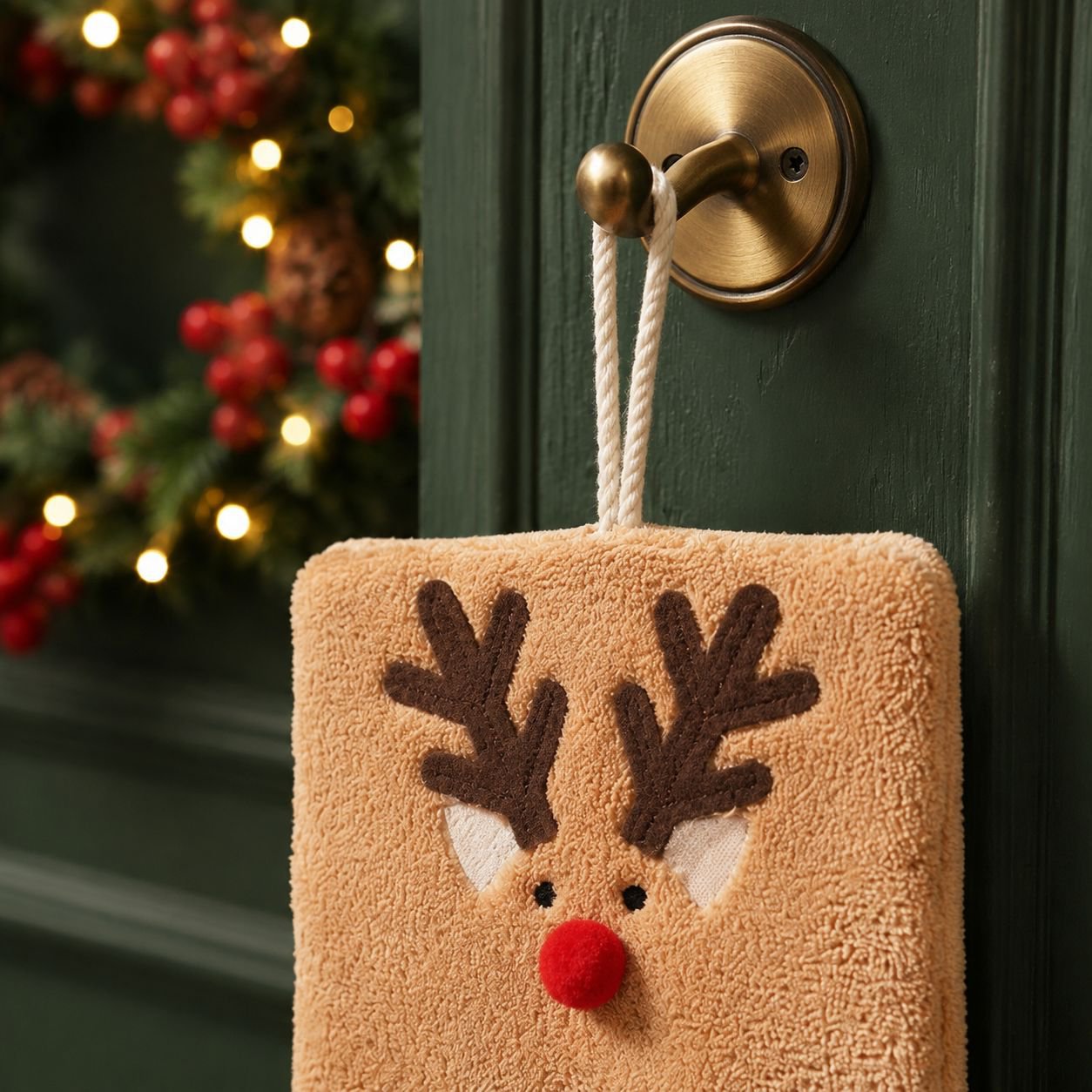 Holiday-themed hand towel with vibrant Christmas colors