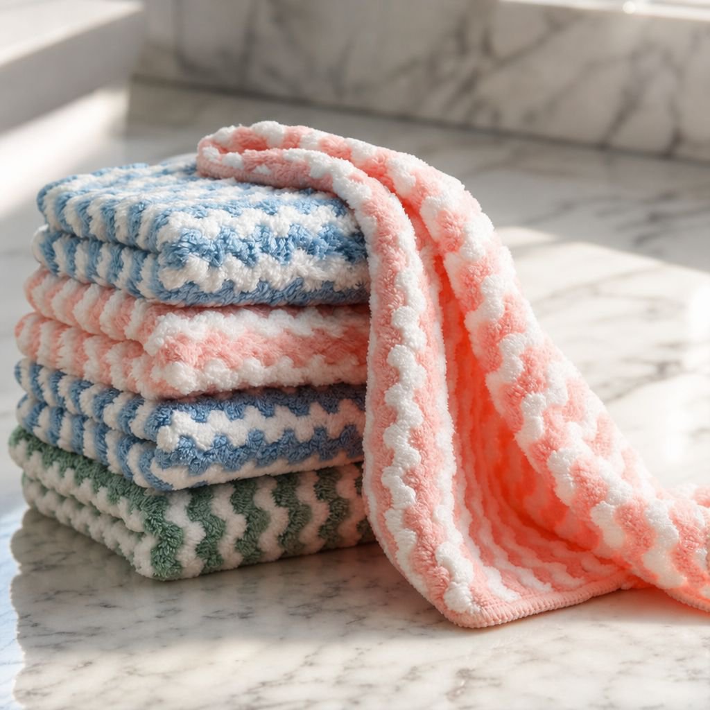 Cationic water ripple thick coral fleece cleaning rag close-up