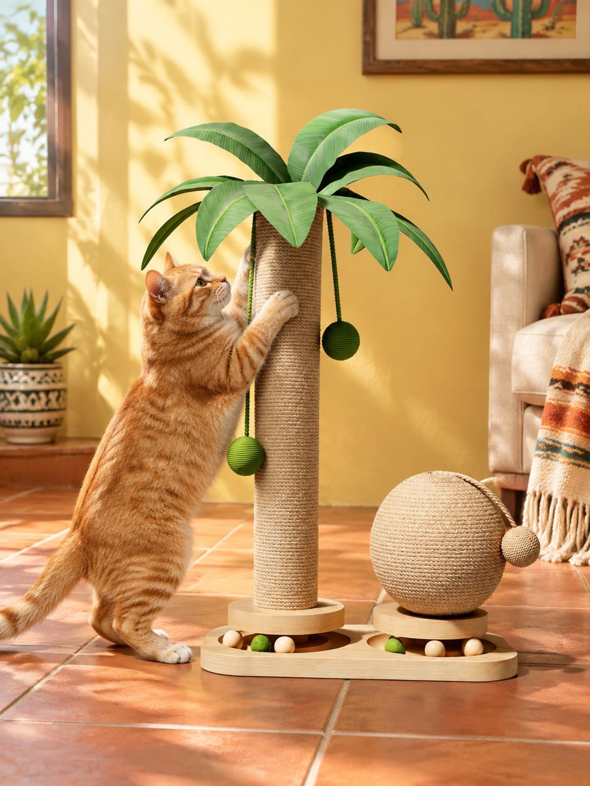 Gato jugando y trepando en árbol rascador tipo palmera