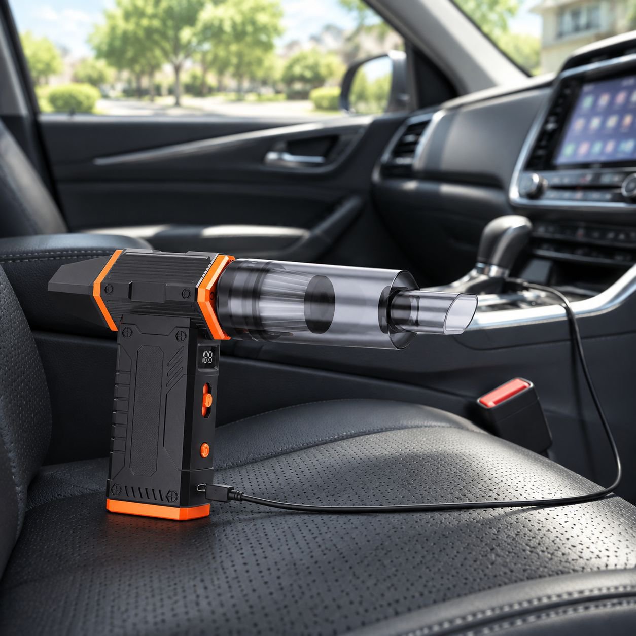 Wireless vacuum cleaner removing dust from car dashboard