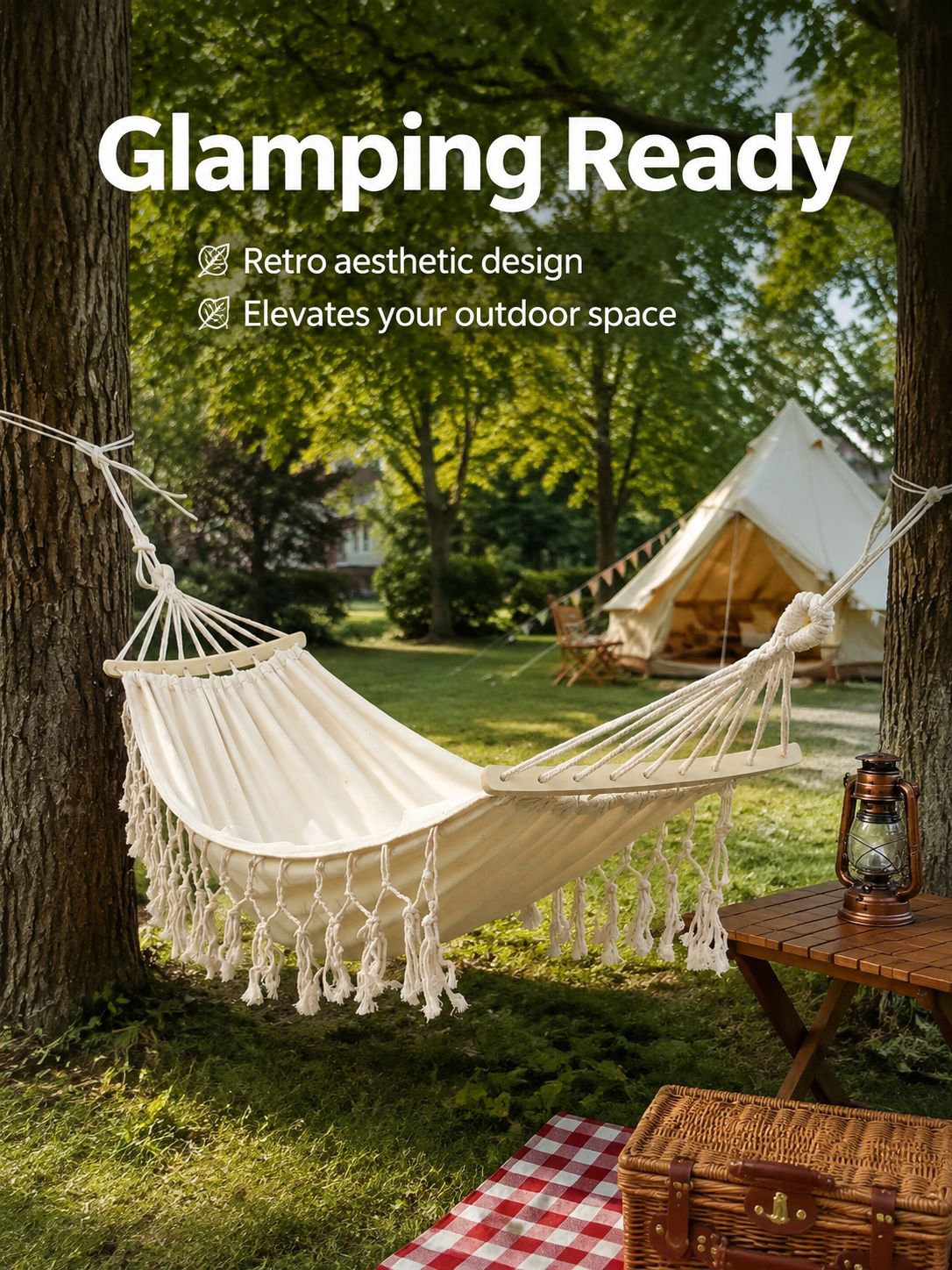 Anti-Rollover Canvas Hammock with Tassels hanging between two trees outdoors