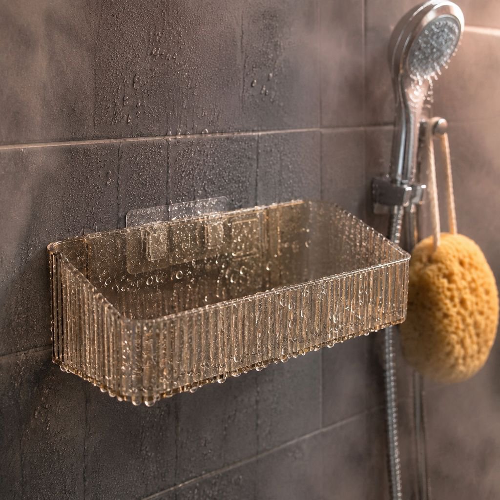 Close-up of drainage holes in bathroom storage caddy