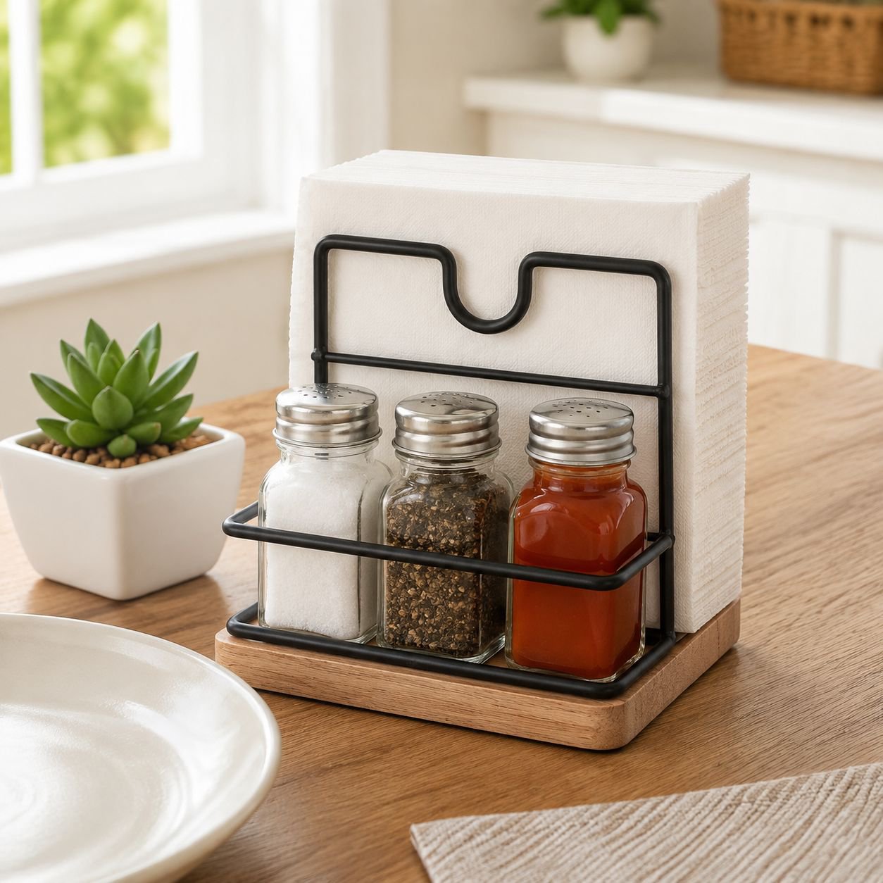 Organizador para papel y condimentos decorando una encimera de cocina
