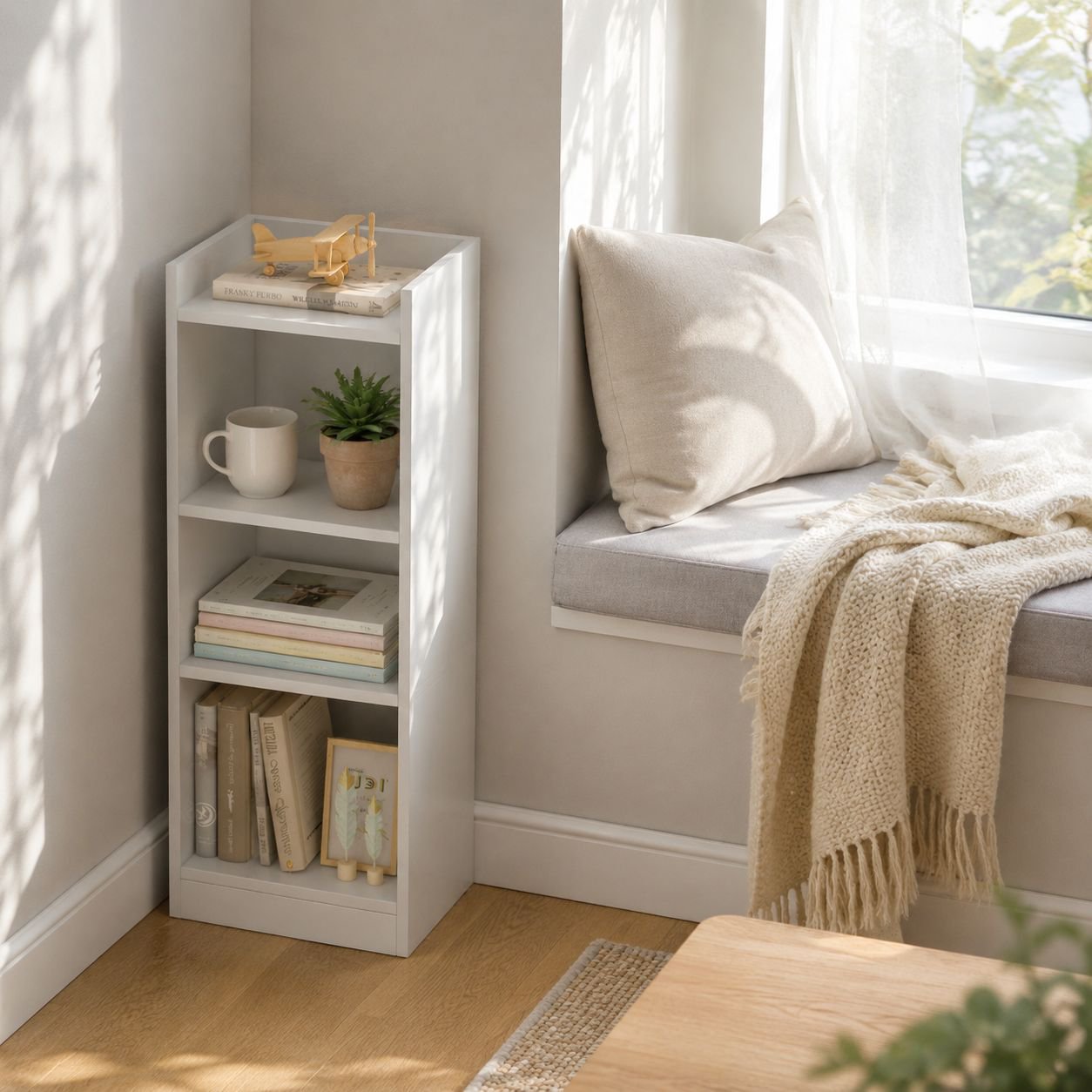 Minimalist narrow bookcase maximizing corner space