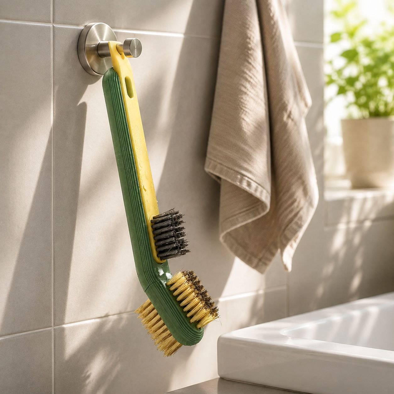 Kitchen cleaning brush in action on gas stove
