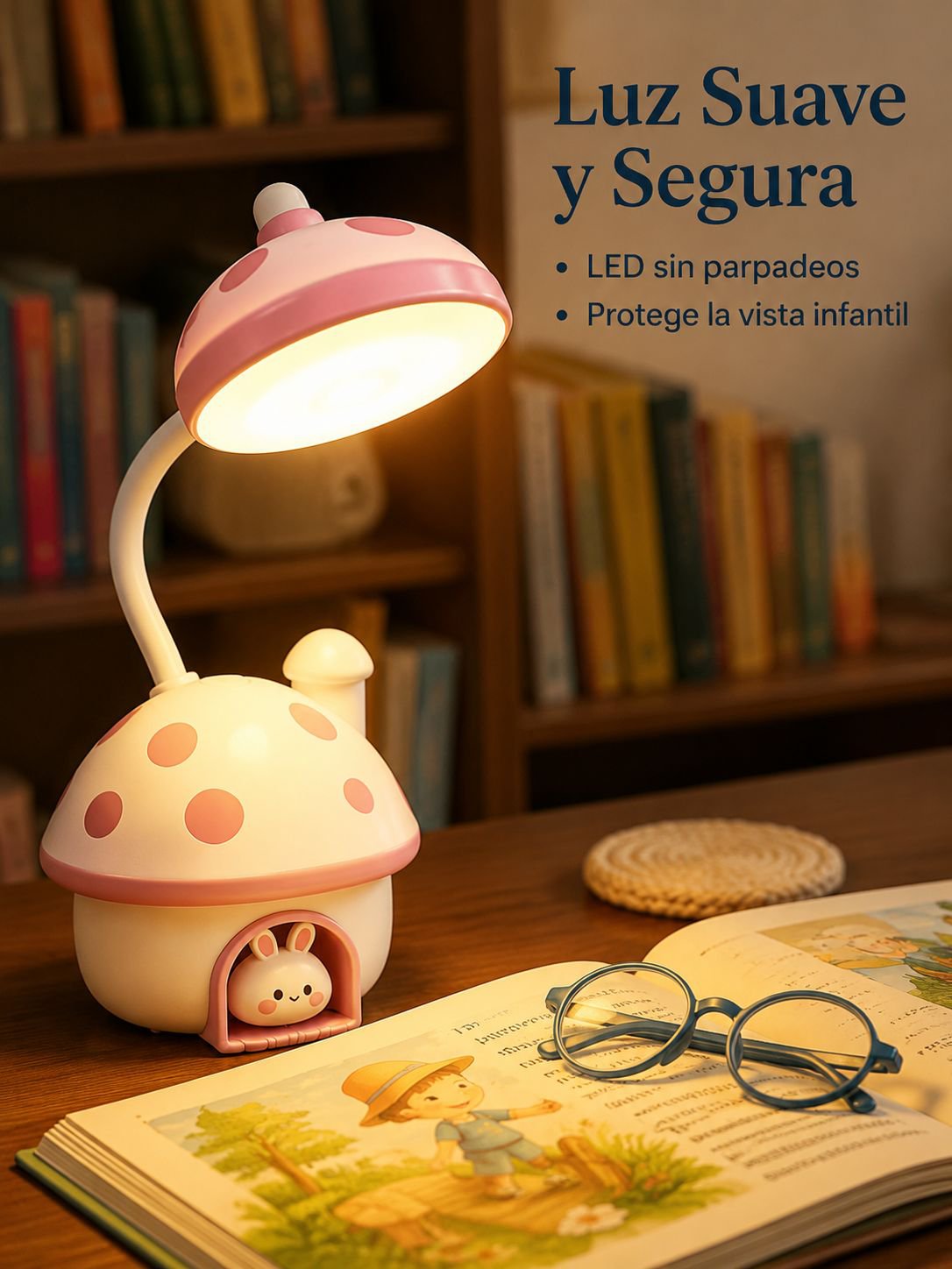Lámpara de escritorio mini conejo casa de hongo recargable por USB multifuncional para lectura