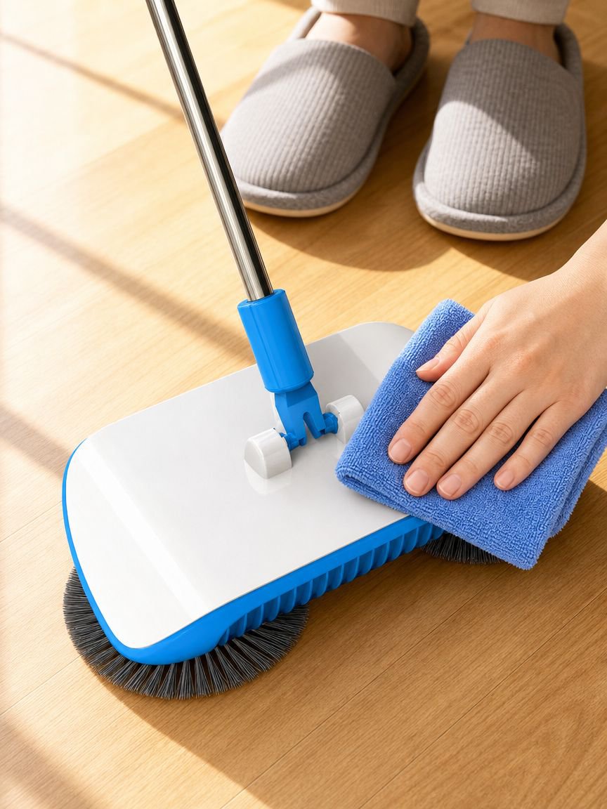 Easy-to-use hand-push sweeper with dustpan attachment