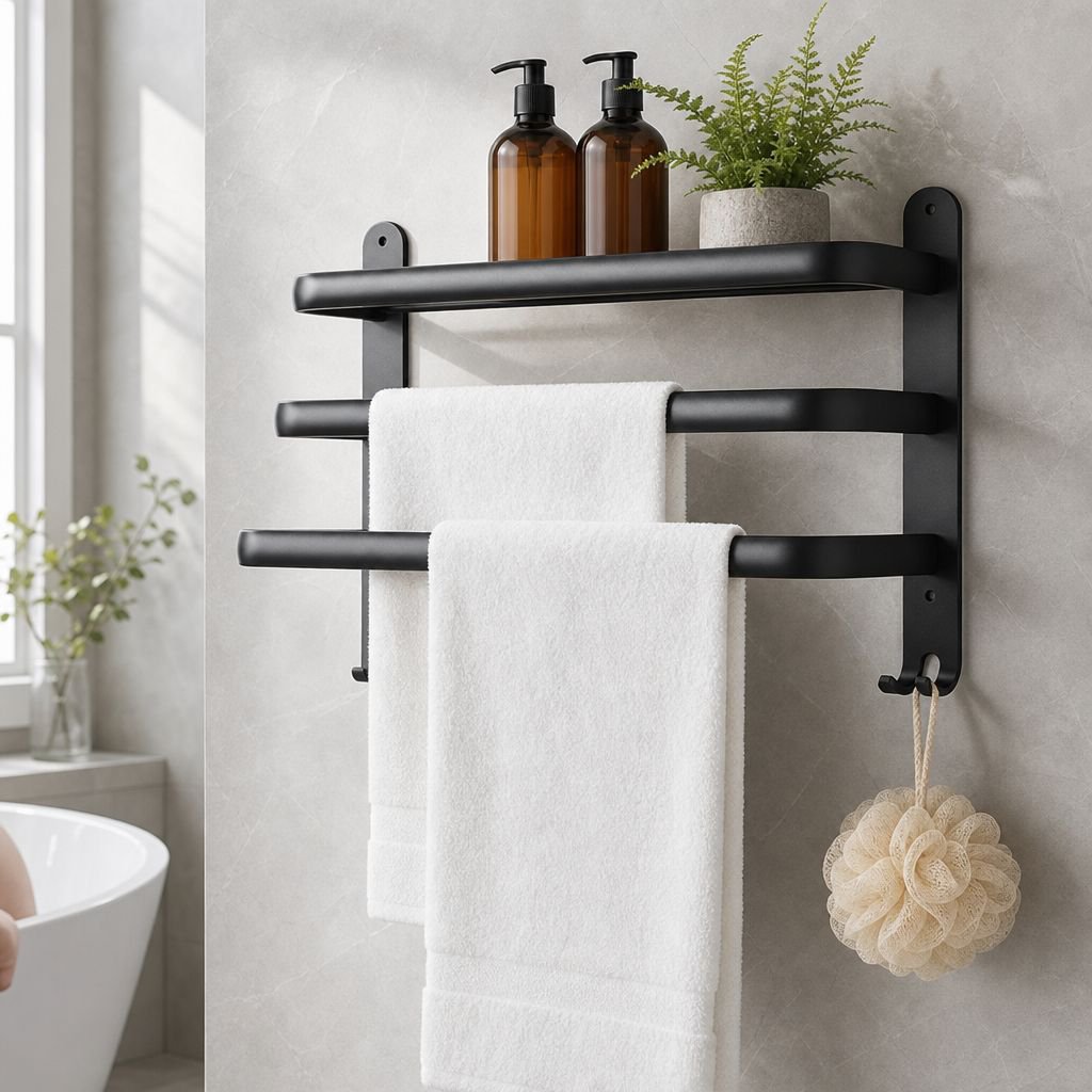 No-Drill Bathroom Towel Rack and Shelf Combo