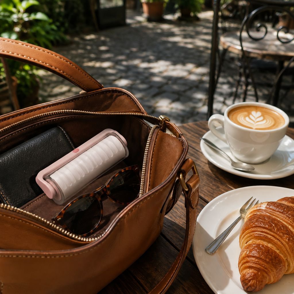Travel-friendly foldable lint remover in a suitcase