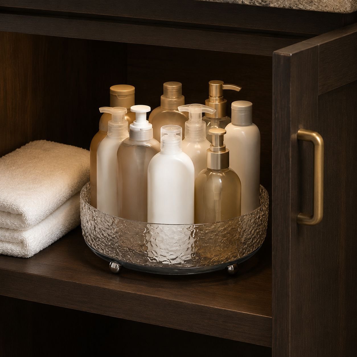 Vanity desktop rotating tray for beauty products
