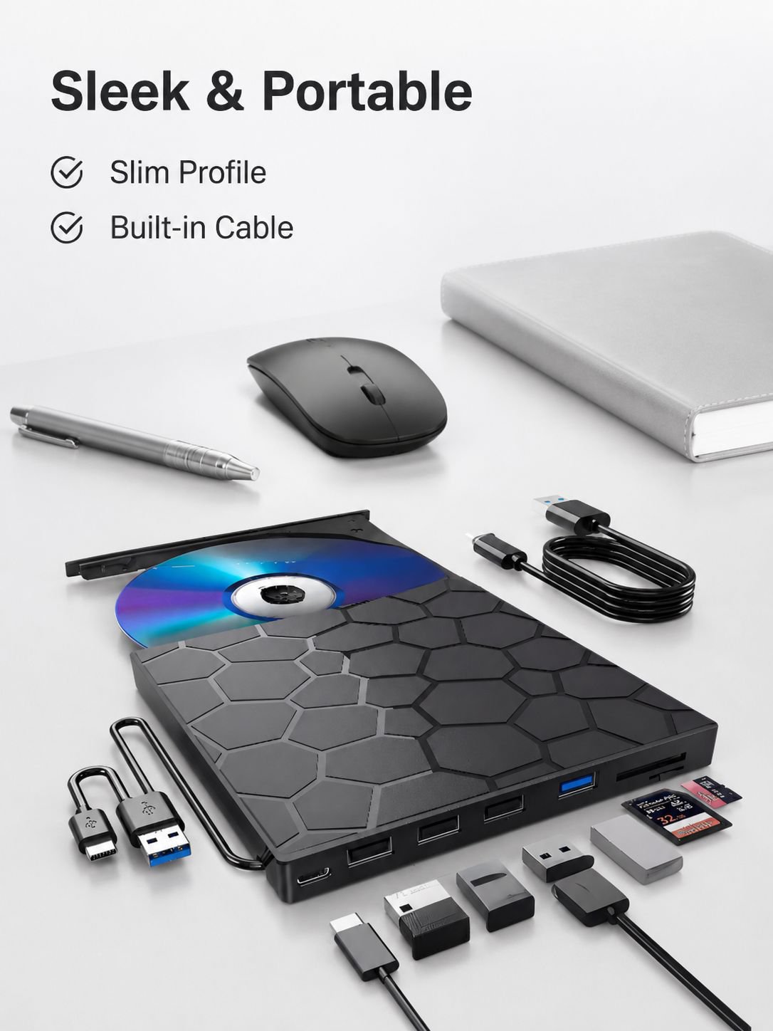 USB Multifunctional External Optical Drive with SD/TF Card Reader and Type-C Blu-ray Burner