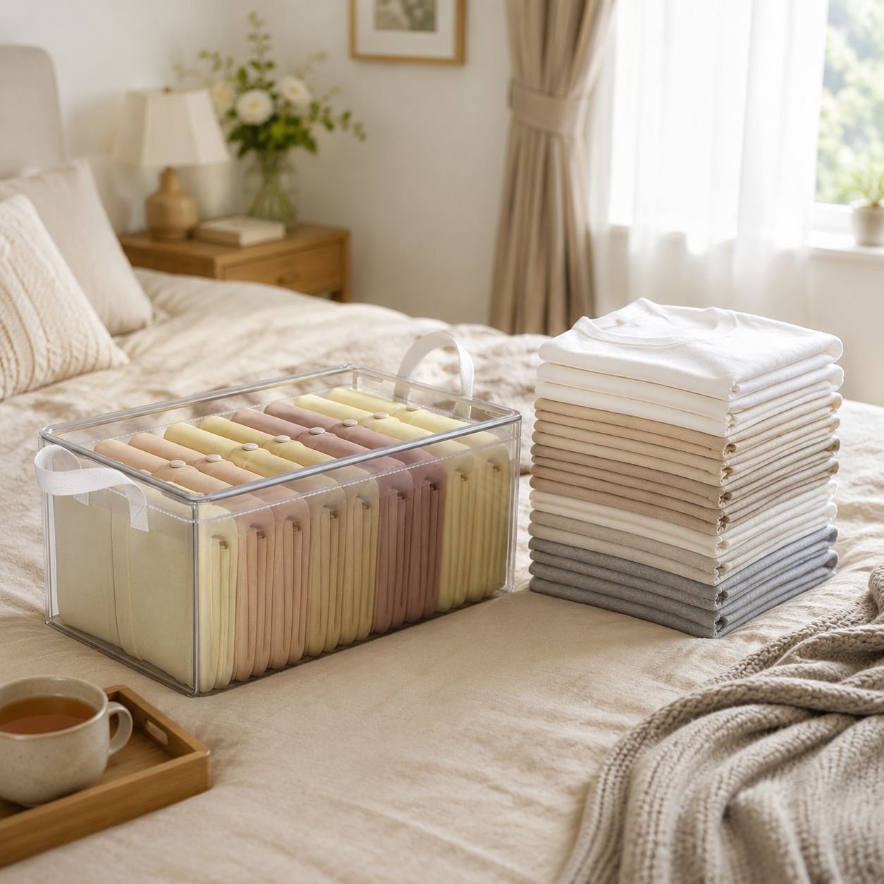 Steel frame transparent moisture-proof clothing storage box on white background