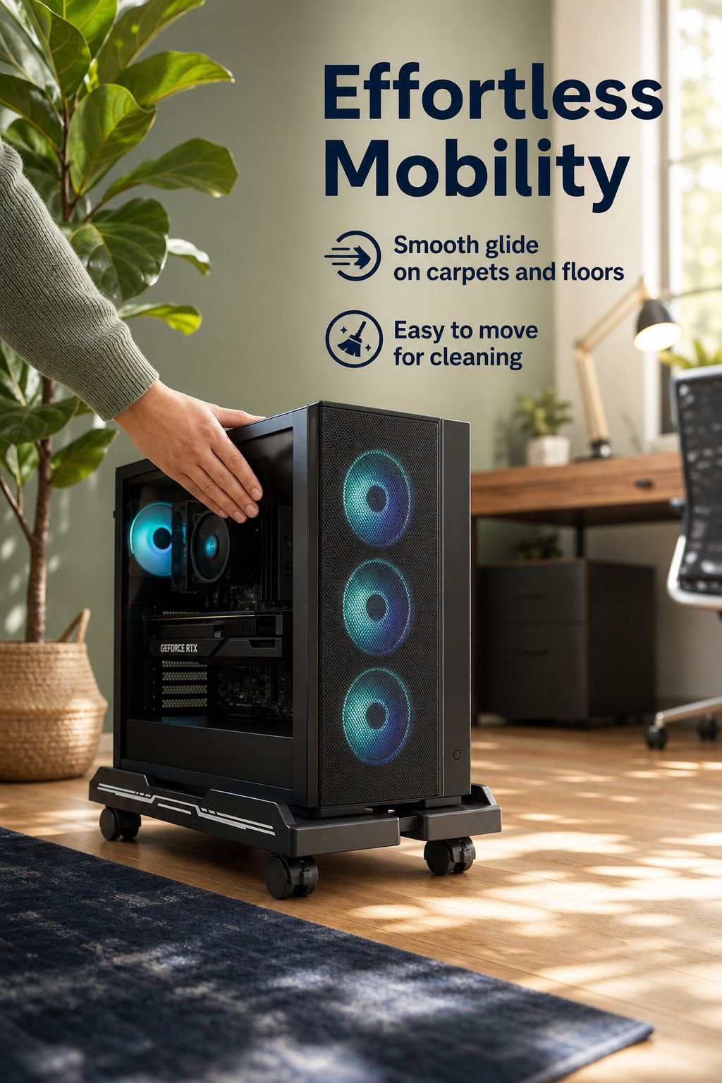 Home desktop tower stand with lockable wheels