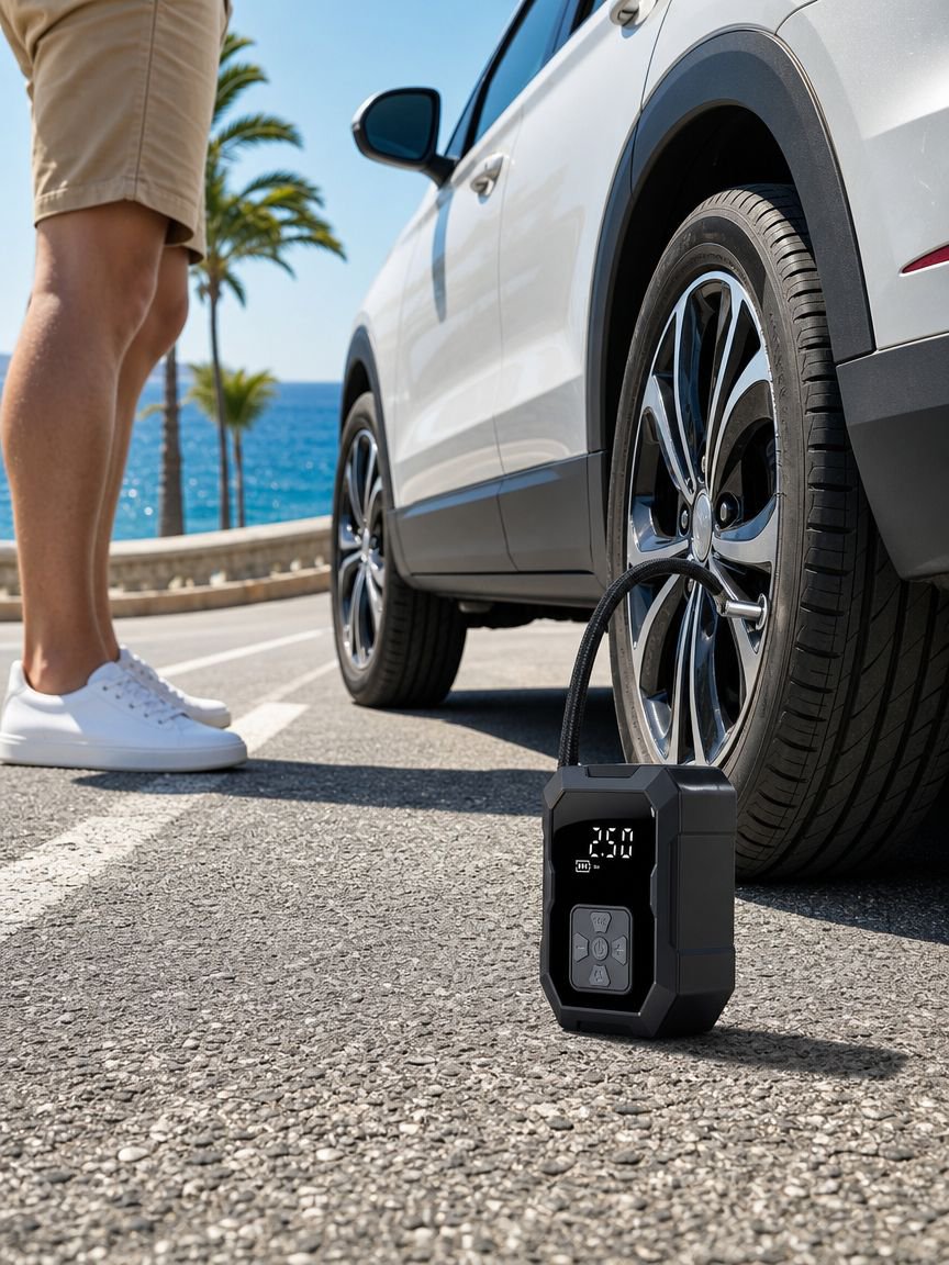 Dispositivo portátil para inflar neumáticos de coche fácilmente