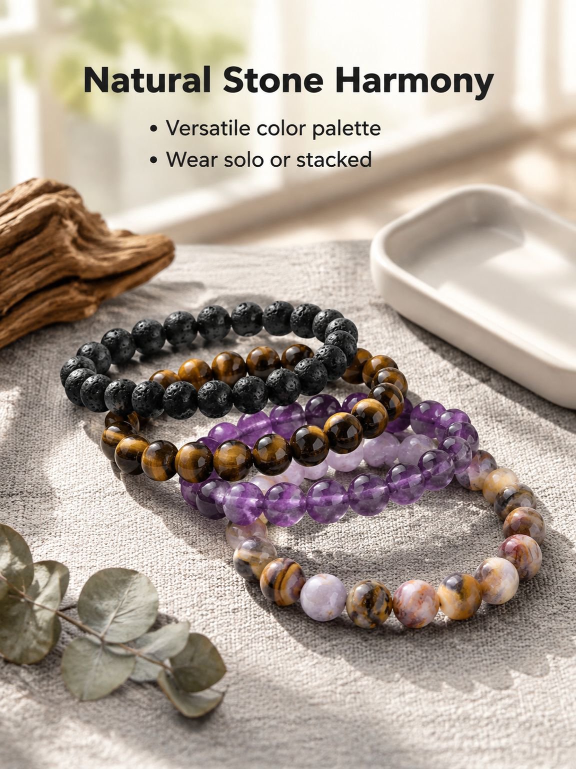 4pcs Gorgeous Stone Healing Crystal Elastic Bead Bracelets, Tiger Eye Stone, Volcanic Stone, White T