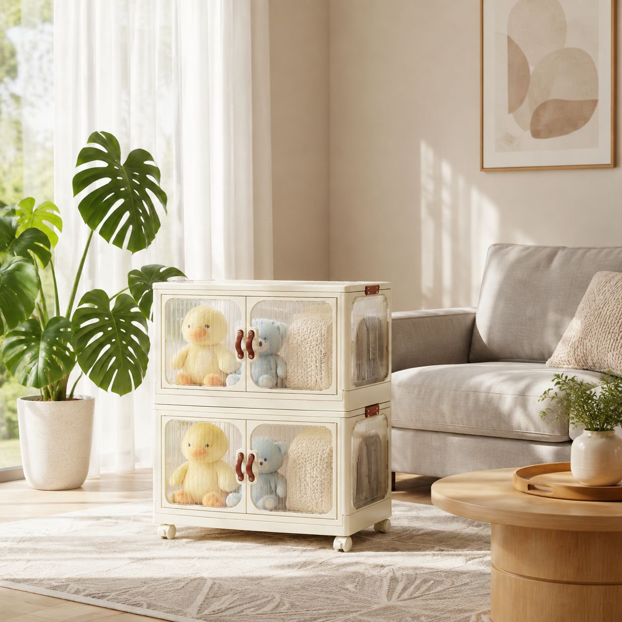 Caja organizadora de juguetes de plástico multifuncional en habitación infantil