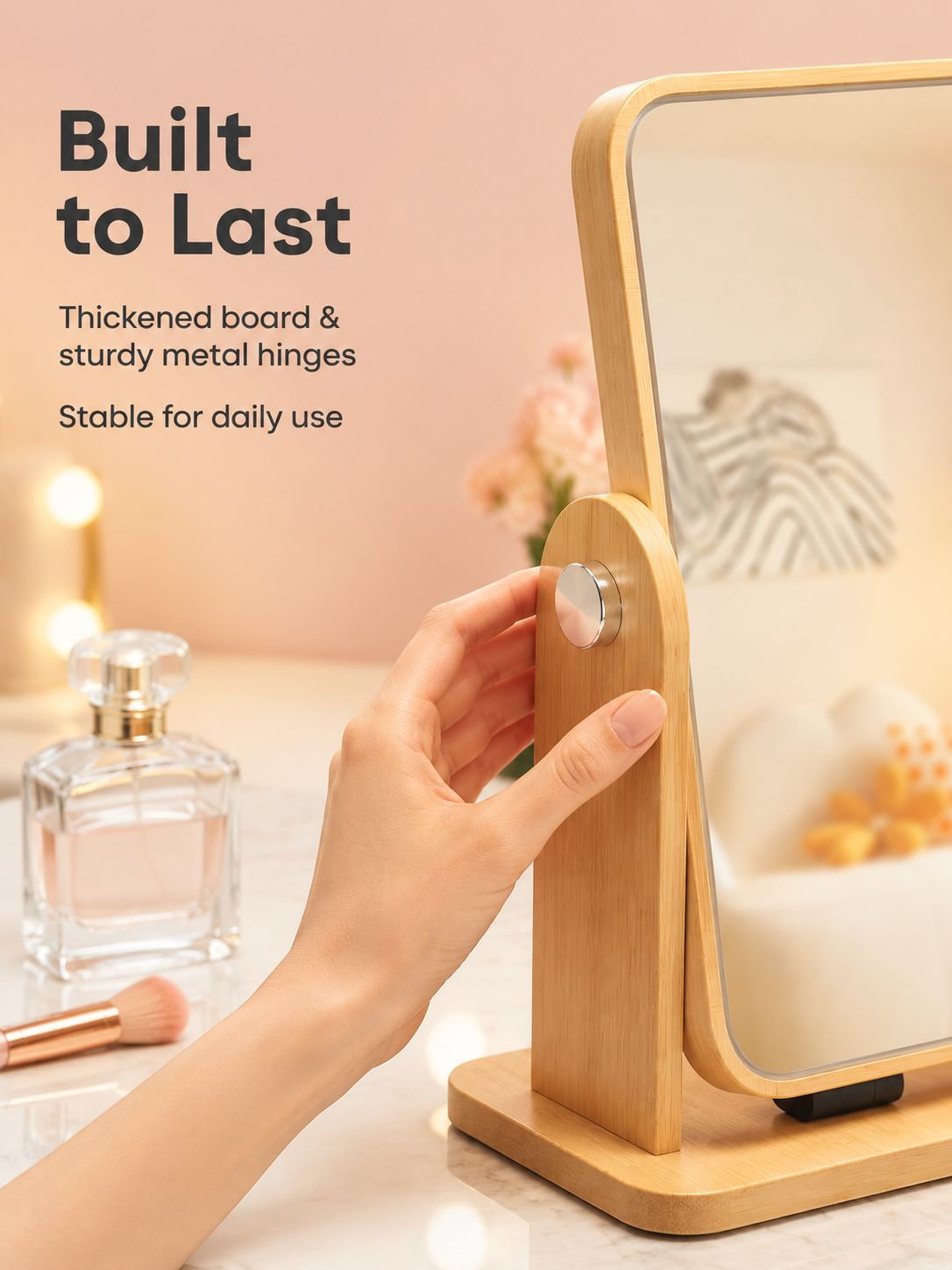 Compact vanity mirror designed for tabletop use