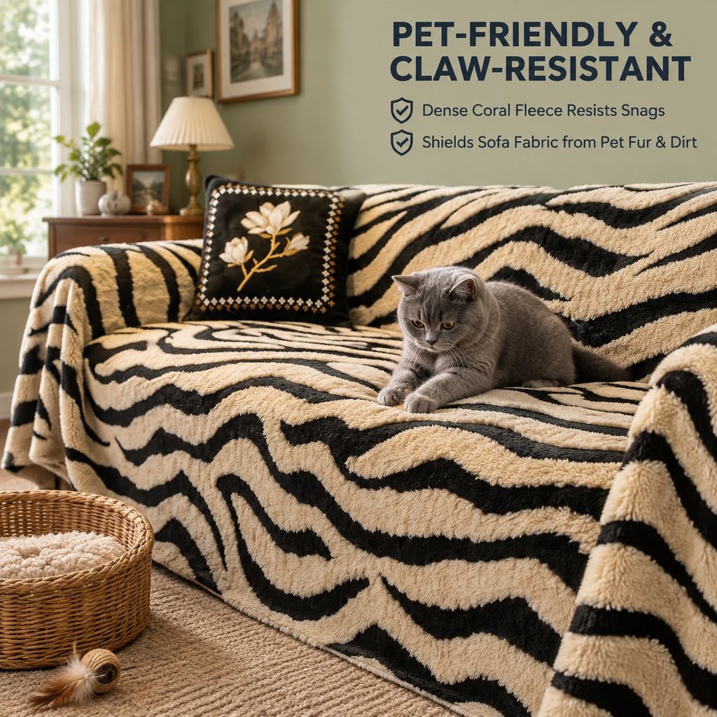 Plush Zebra Pattern Sofa Throw Blanket Full Coverage Couch Slipcover