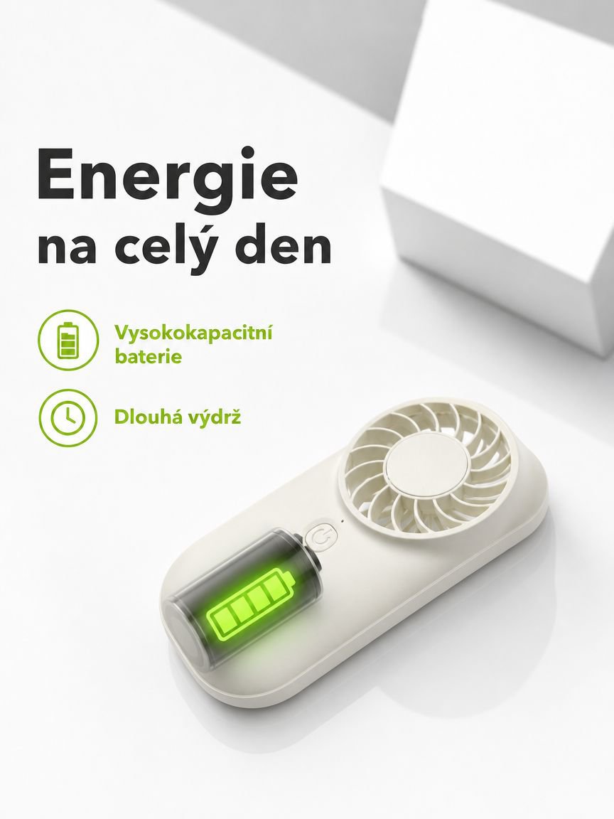 Ventilátor s USB nabíjením a dlouhou životností baterie