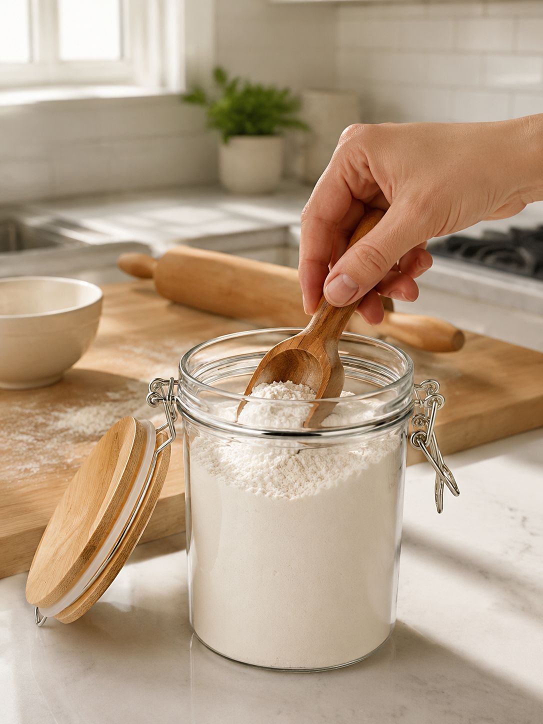Modern kitchen using glass jars for grain and cereal storage