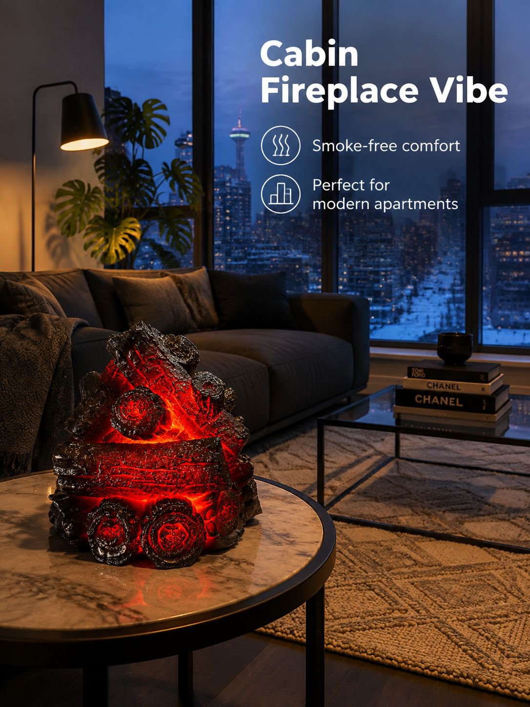 Realistic faux coal design with a gentle glowing flame effect