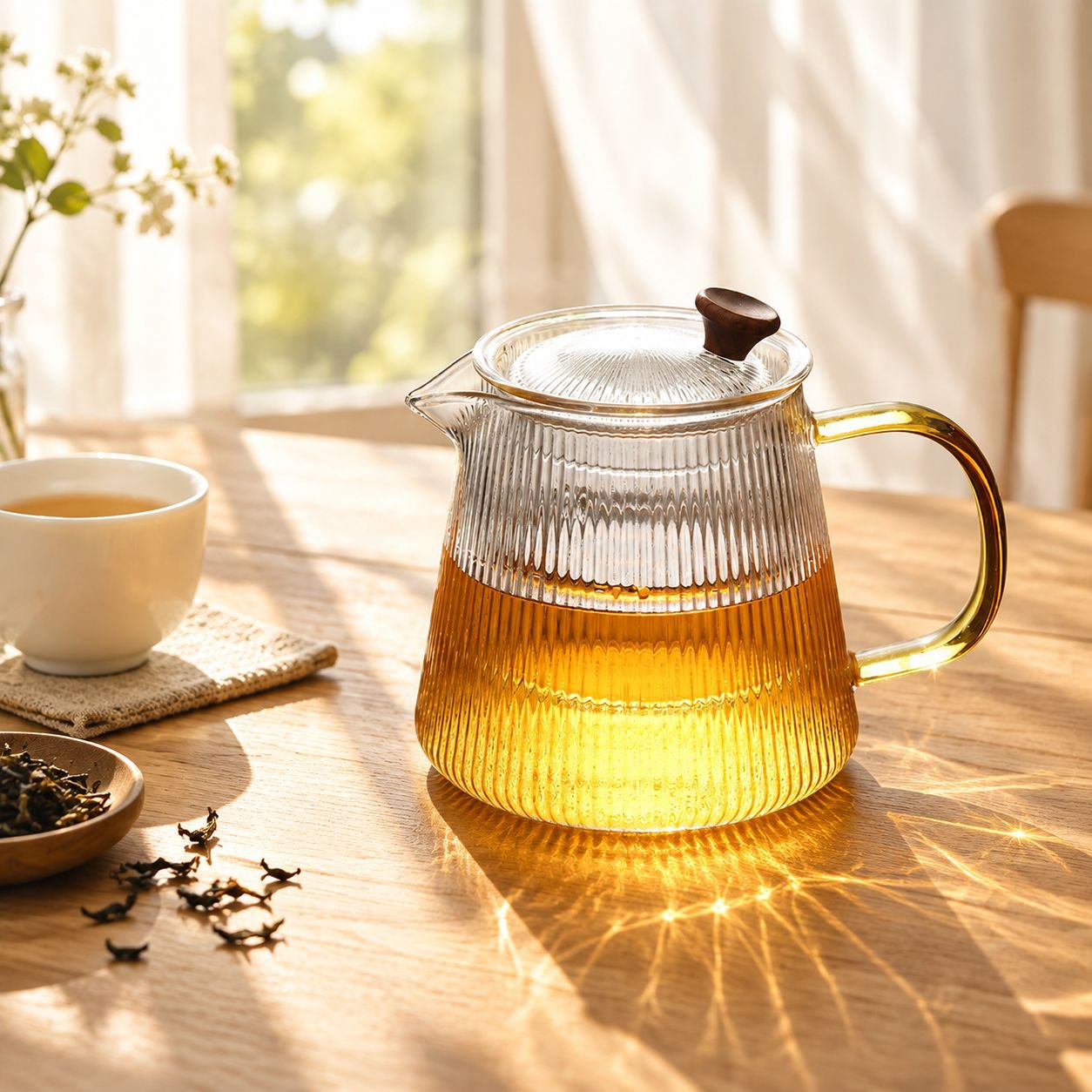 New Striped Glass Teapot with loose leaf tea and cups on a table