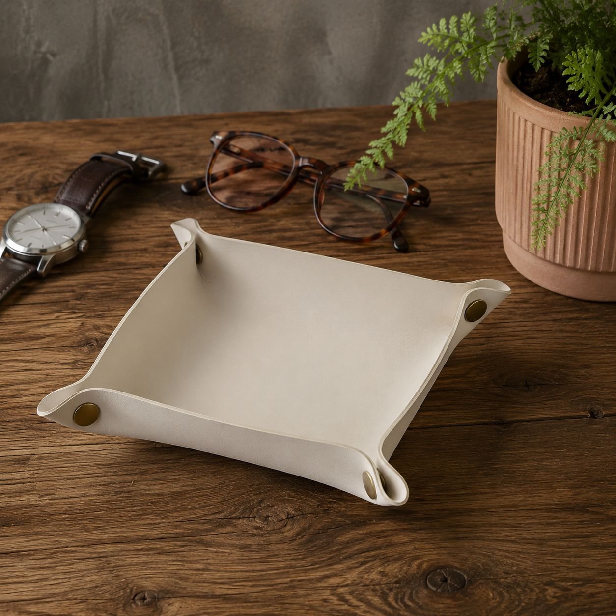 Elegant brown PU leather storage box on desk