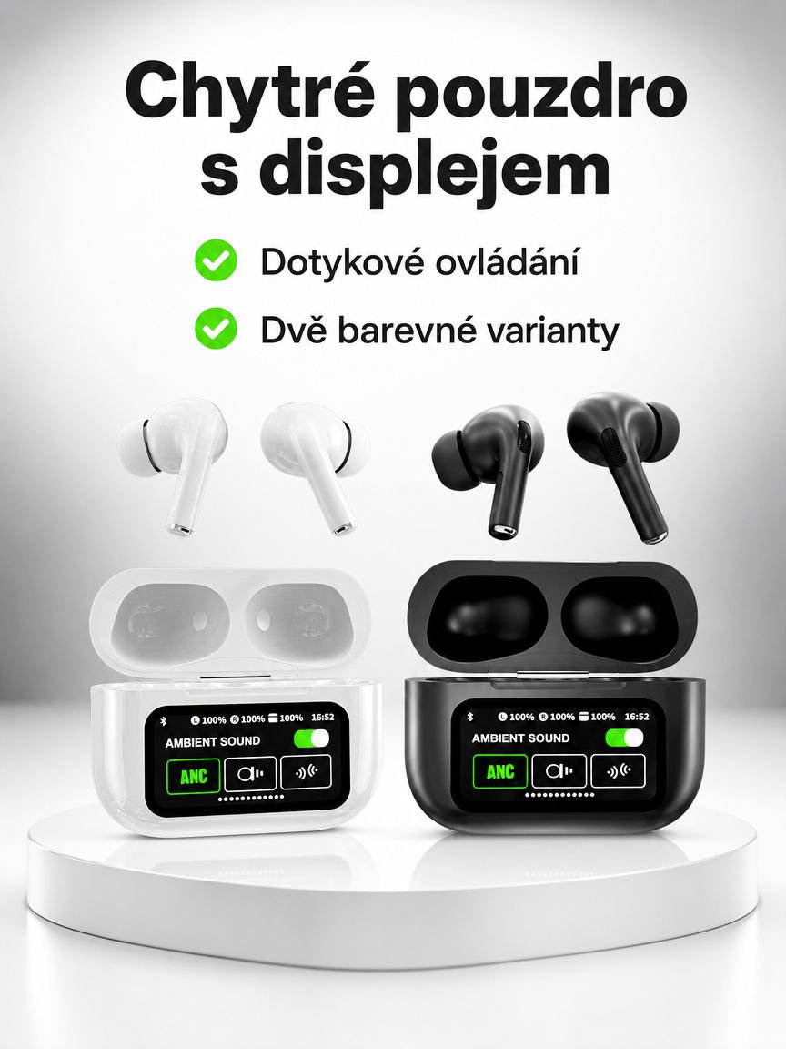 Bezdrátová sluchátka s dotykovým ovládáním, barevným displejem, dlouhou výdrží a potlačením hluku
