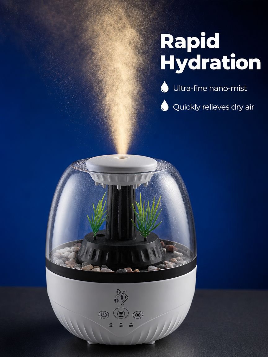 Close-up of essential oil diffuser emitting mist with LED light