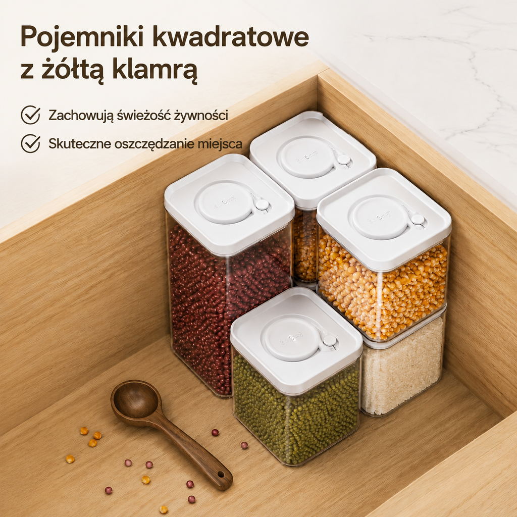 Plastikowy pojemnik na zboża z przyciskiem i szczelnym zamknięciem