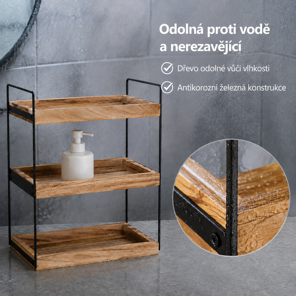 Kombinovaný koupelnový regál ze železa a dřeva