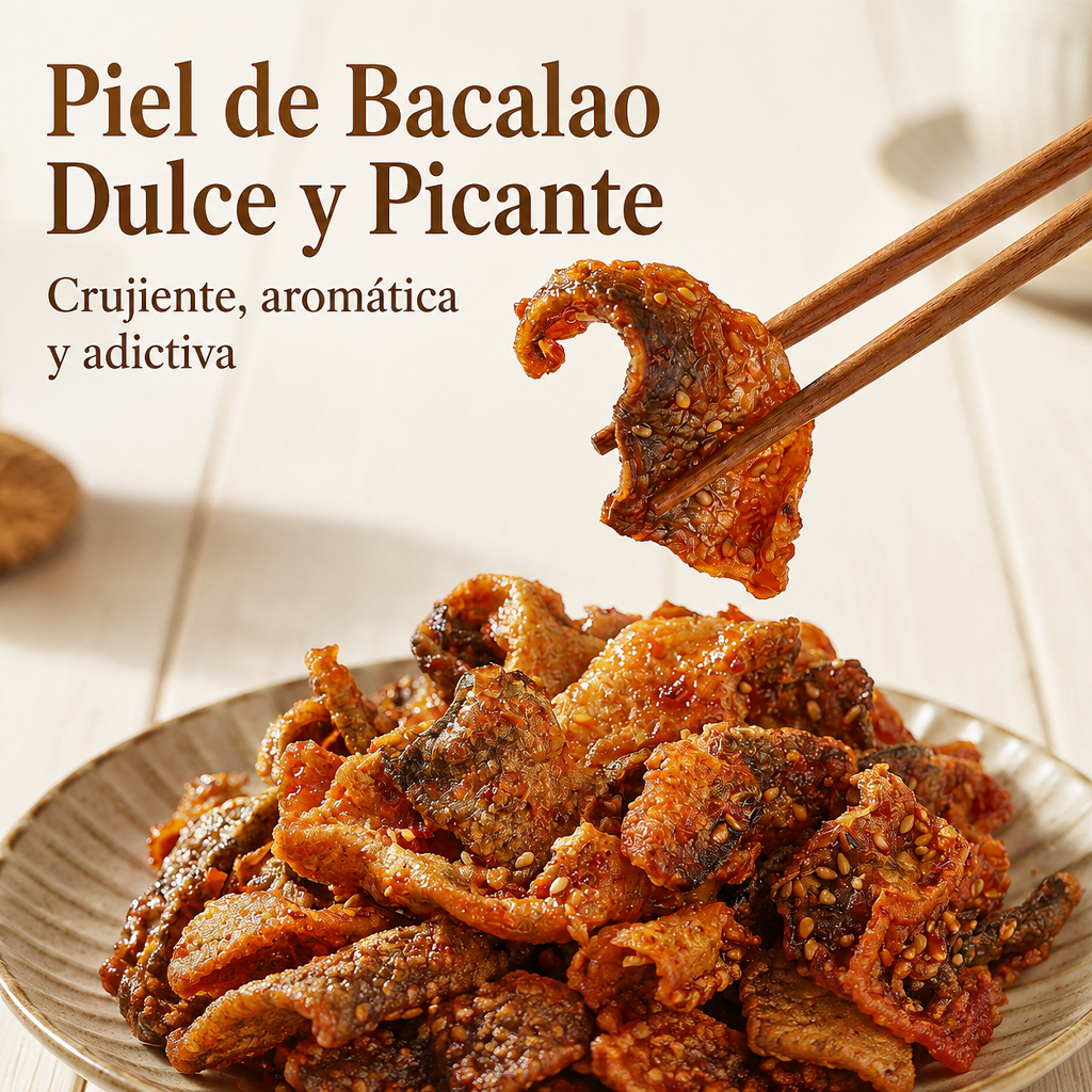 Piel de bacalao crujiente, dulce y picante, glaseada con miel.