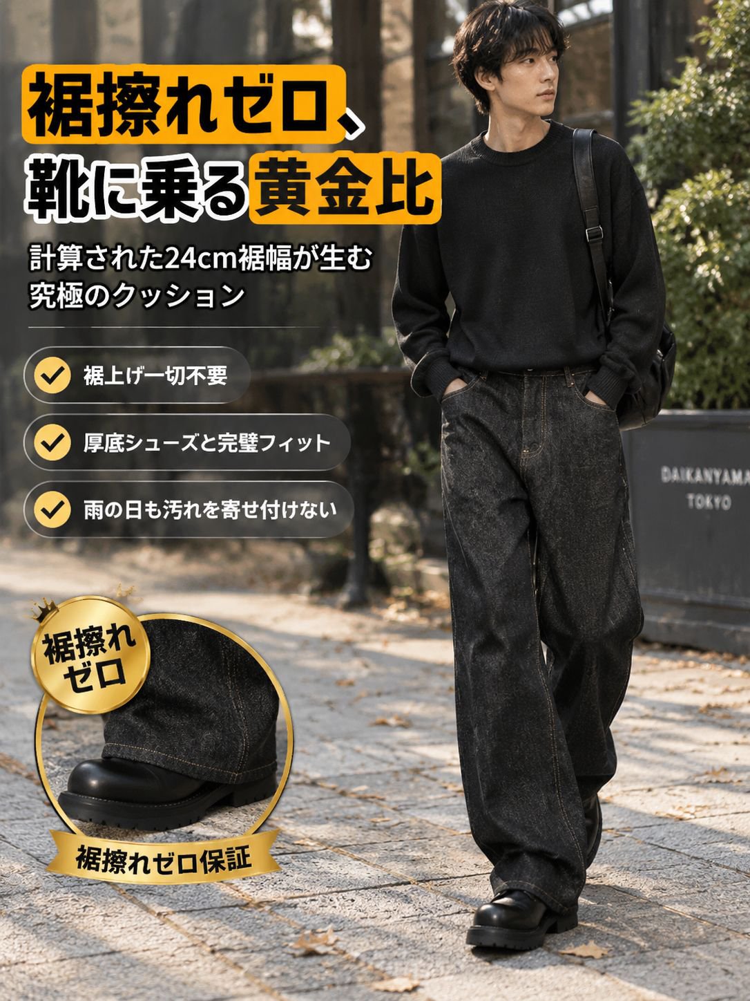 JASPO人間工学3D設計 14.5ozヴィンテージブラック ワイドフレアストレートデニムパンツ（脚長補正・無重力ドレープ）